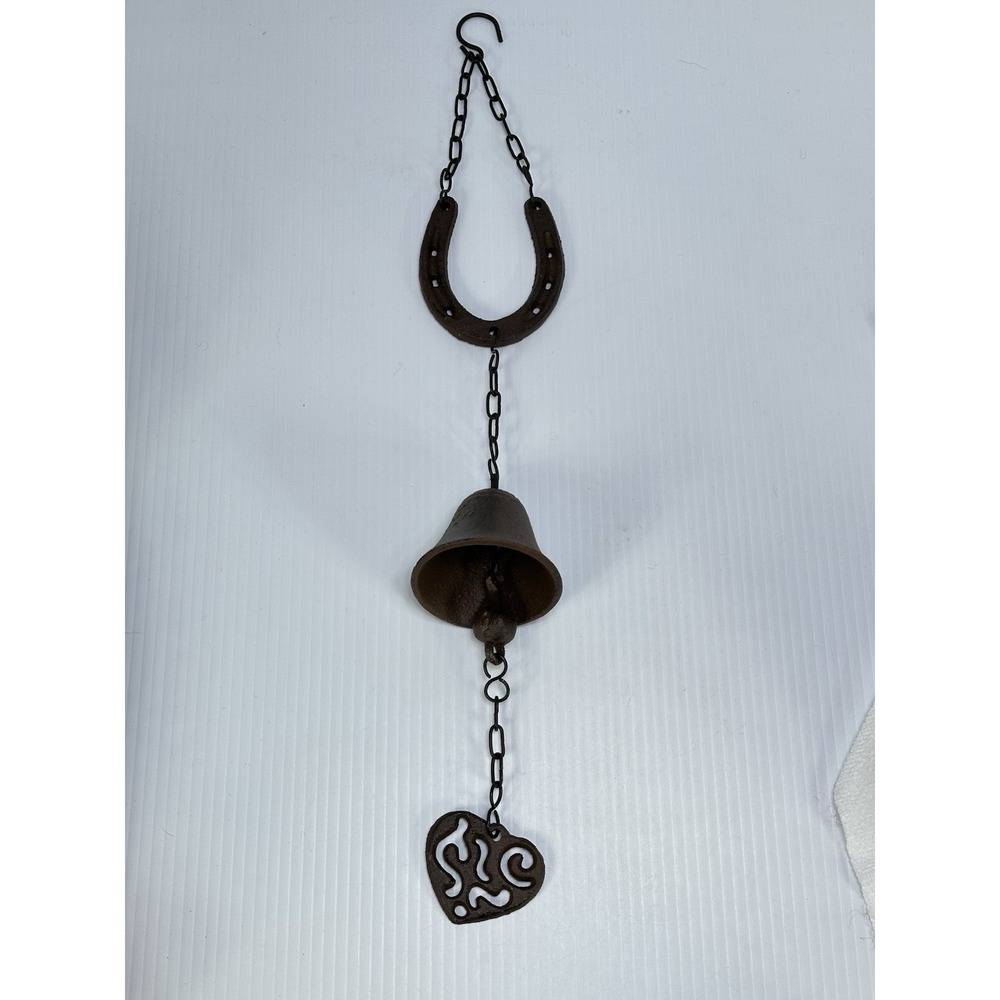 Cast Iron Horseshoe Bell Heart Western Wind Chime Rustic Farmhouse Decor 20"